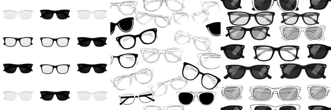 Set and collection of seamless pattern of various classic eyeglasses isolated on white background