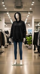 Fototapeta premium Mannequin in black hoodie and blue jeans in a clothing store