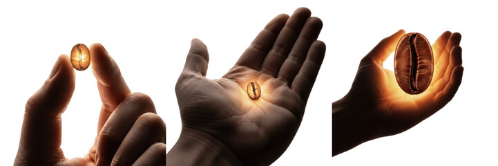 Set and collection of single coffee bean glowing in human hand isolated on white background © fishingman