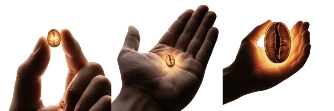 Set and collection of single coffee bean glowing in human hand isolated on white background