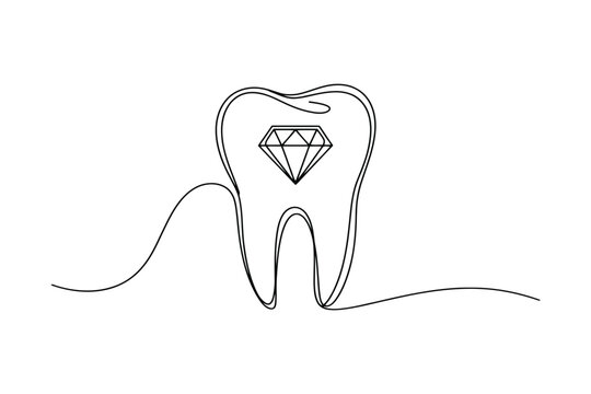 Continuous line drawing of tooth with diamond inside, dental health concept.