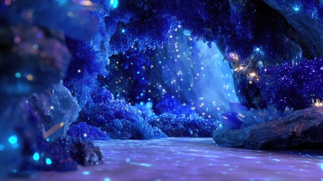 Enchanted cave with shimmering blue crystals and ethereal lighting effects in a mystical fantasy world