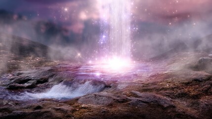 Fototapeta premium Enchanting Ethereal Waterfall Surrounded by Mystical Mist and Glimmering Stars in an Otherworldly Landscape