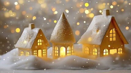 Naklejka premium Warm and Cozy Winter Scene with Lighted Houses in Snowy Landscape and Soft Bokeh Background