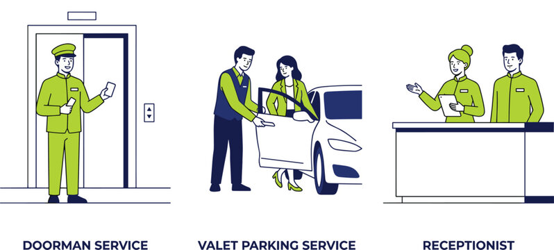 Hospitality service staff collection featuring doorman valet parking assistant and receptionist characters in modern business environment