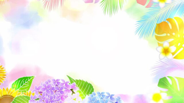 Watercolor Summer Floral Background with Sunflowers and Hydrangeas