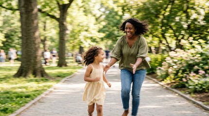 Fototapeta premium Happy African American Mother and Young Daughter Running Together in a Sunny Park Path, Joyful Family Bonding Moment Outdoors, Authentic Parenting and Childhood Lifestyle Concept