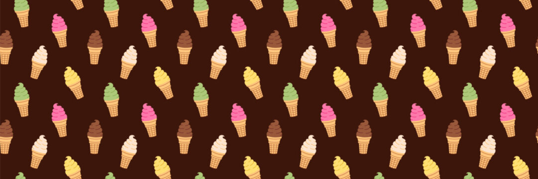 Ice cream border background with colorful waffle cones on dark backdrop. Sweet seamless summer dessert pattern with chocolate, lemon, strawberry, pistachio and vanilla flavors.