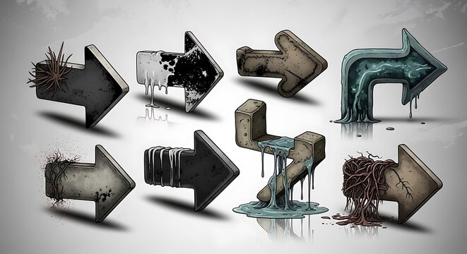 Collection of grungy stylized arrow icons with unique textures