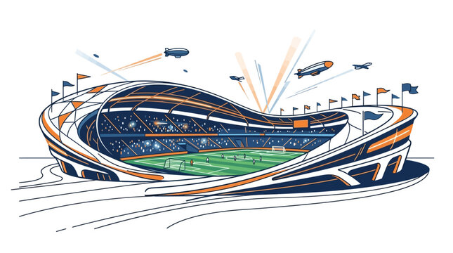 Stylized artistic illustration of a modern football stadium with blimps and flags.