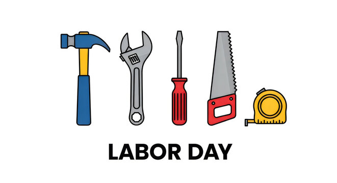 Labor day tools illustration hammer wrench screwdriver saw and tape measure