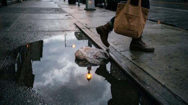 Reflections of urban life in a street puddle after a rain shower.
