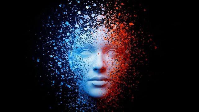 Abstract digital human face dissolving into particles