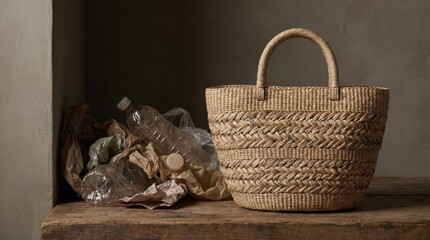 Obraz premium Stylish Woven Straw Bag on Wooden Table with Recycled Materials.