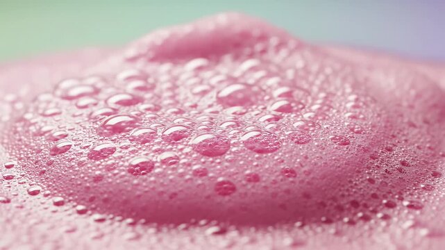 Macro close-up of a soft pink bubbly surface featuring a lip-shaped indentation