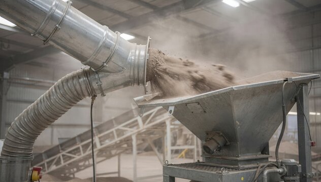 Closeup medium shot capturing a dust collector unit connected to a metal chute demonstrating effective fugitive dust extraction during material transfer.