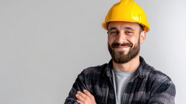 Smiling construction worker with yellow hard hat poses confidently against a simple gray background showcasing professionalism and safety culture