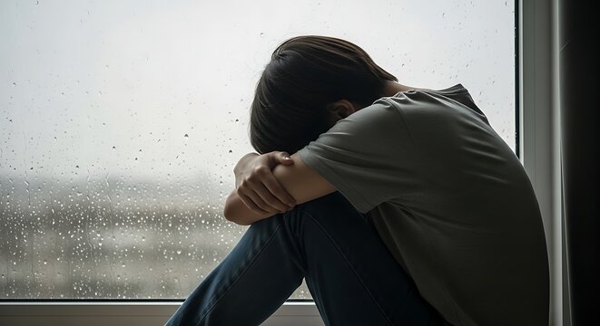 Sad young person sitting by the window with rain on it, feeling lonely and depressed