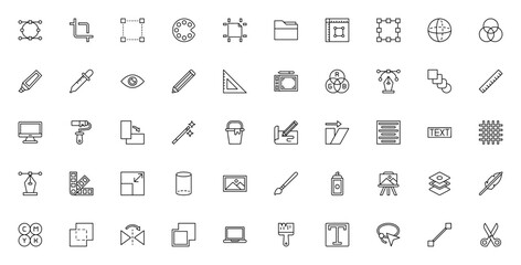 Design icon set. Graphic design vector icons pack. Minimalist line art. Featuring nodes, crop, selection, palette, vector, pencil, ruler, brush, color palette, layers, CMYK, pen tool, magic wand, scis © wang
