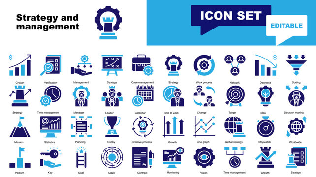 Strategy and management icon set. Vector icons for Strategy and management, Growth, Strategy, Case, Work process, Network, Decrease, Sorting, Time management, Manager, Leader, work