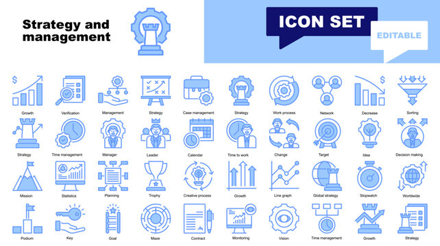 Strategy and management icon set. Vector icons for Strategy and management, Growth, Strategy, Case, Work process, Network, Decrease, Sorting, Time management, Manager, Leader, work