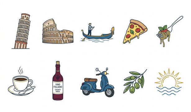 Italy culture and travel elements vector illustration set isolated on white background