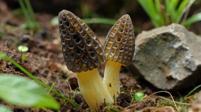 Close-up of morels growing in the wild Close-up of delicious morels growing
