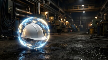 Obraz premium Protective hard hat inside energy force field in factory warehouse