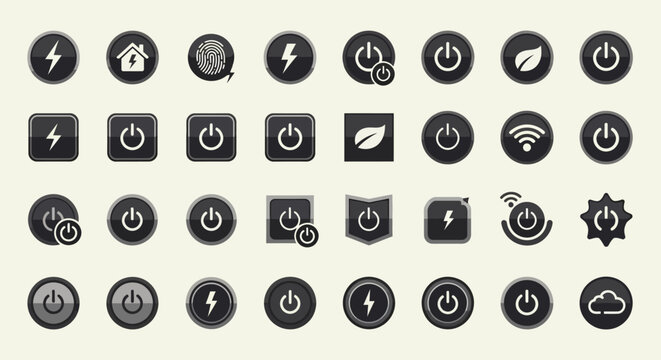 Collection of Power Button Icons: Energy, Home, Fingerprint, Wi-Fi, Leaf, Cloud