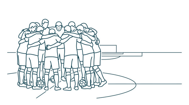 A soccer team huddling together in a line art style illustration.