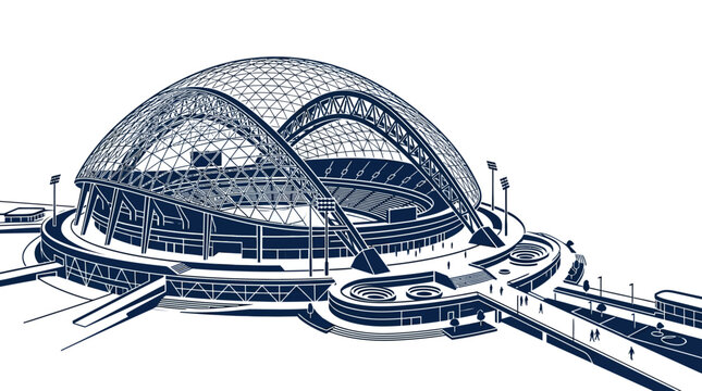 Architectural sketch of a modern domed stadium with complex steel roof structure.
