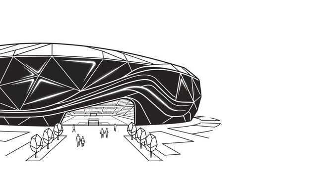 Architectural sketch of a modern futuristic sports stadium.