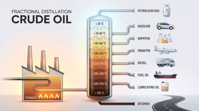Detailed illustration of crude oil fractional distillation process showing various fractions and their uses at different temperature ranges.