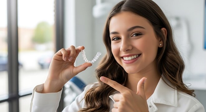 Smiling young woman holding clear dental aligner, pointing
