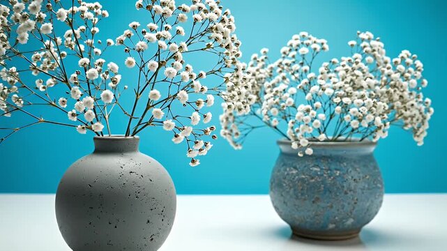 Dual Ceramic Vases Displaying Delicate Baby's Breath Flowers Against Turquoise Backdrop