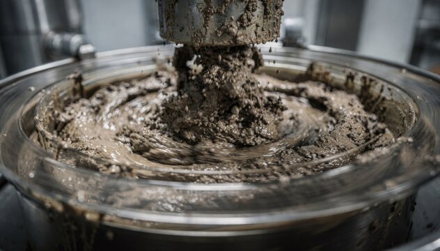 Closeup medium shot of centrifuge spinning wastewater sludge highlighting texture and motion with softened surroundings.