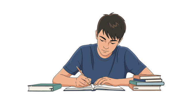 Focused male teenager student sitting at a desk studying and doing homework assignments with books and paper in a clean modern vector illustration style for education.