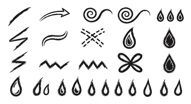Hand-drawn chalk style raindrops vector illustration, set of textured white rain drops on a transparent or dark background, chalkboard style weather elements for graphic design.