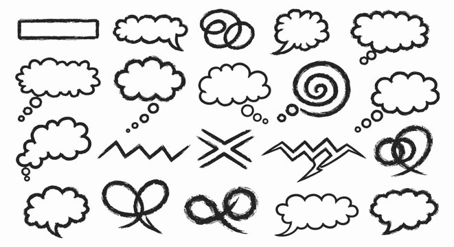 Hand-drawn white chalk thought bubble illustration on a dark background, textured blackboard style sketch for communication, mental health, ideas, and brainstorm concepts.