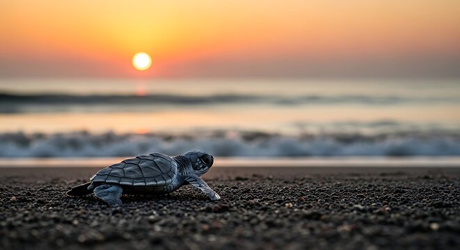 Tiny turtle heads towards ocean at sunrise