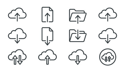 Fototapeta premium Cloud icons illustrate uploading and downloading files and folders online.