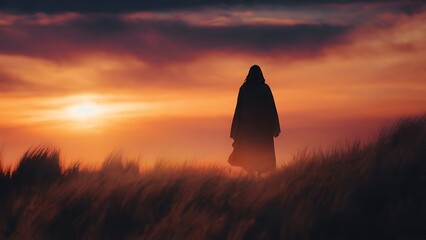 Obraz premium Silhouette of person at sunset landscape.