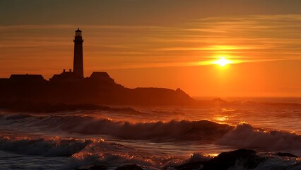 Fototapeta premium Lighthouse standing against vibrant sunset.