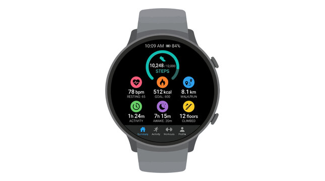A sleek smartwatch displays various metrics on its screen in a modern setting.