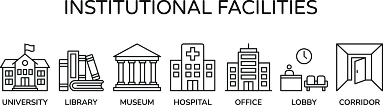 Institutional facilities outline icon collection with university library hospital office and public building vector illustration set