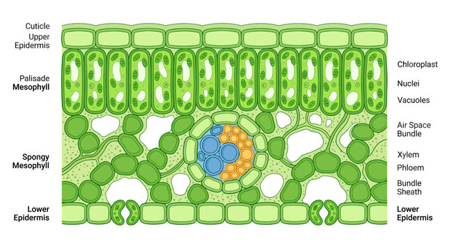 Detailed diagram of a leaf's internal structure showing various cell layers and components.