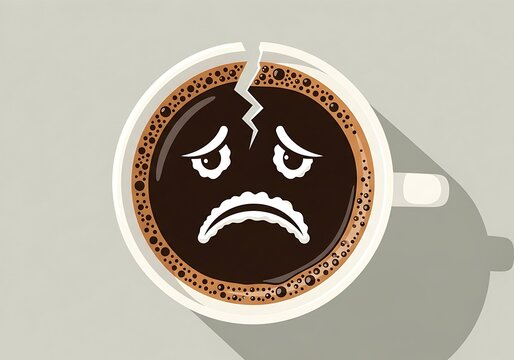 Sad Coffee Cup with Facial Expression and Cracked Top.
