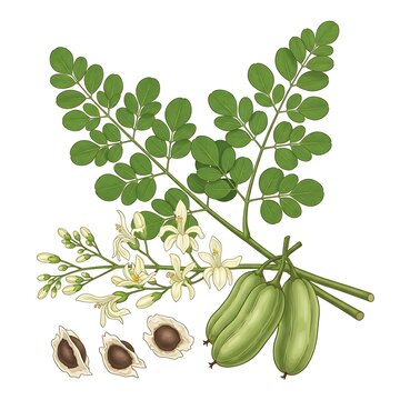 Moringa oleifera botanical elements with leaves flowers and seeds