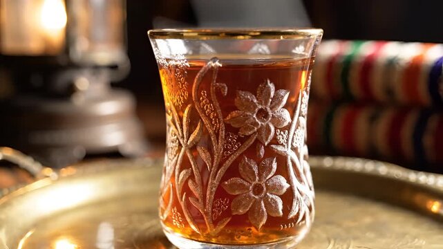 Traditional Middle Eastern Tea Served in an Ornate Glass.