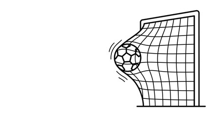 Black and white line art illustration of a soccer ball hitting the net. © sumi ari